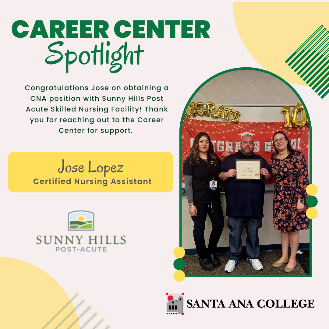 Career Center Student Spotlight graphic forJose Lopez congratulating him for earning a job