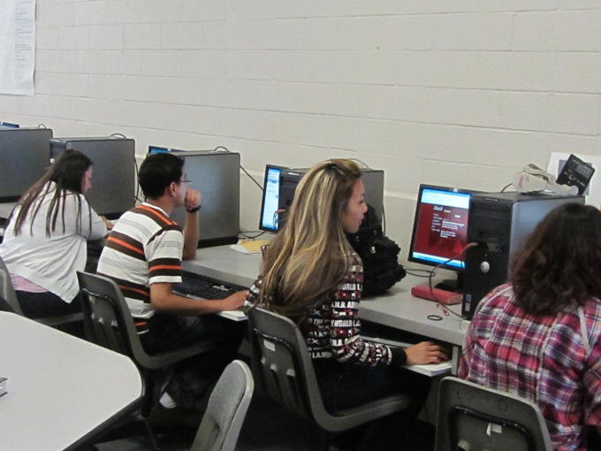 students on math center computer