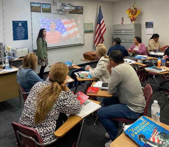 Students in classroom preparing to pass their citizenship test with free class with Santa Ana College School of Continuing Education